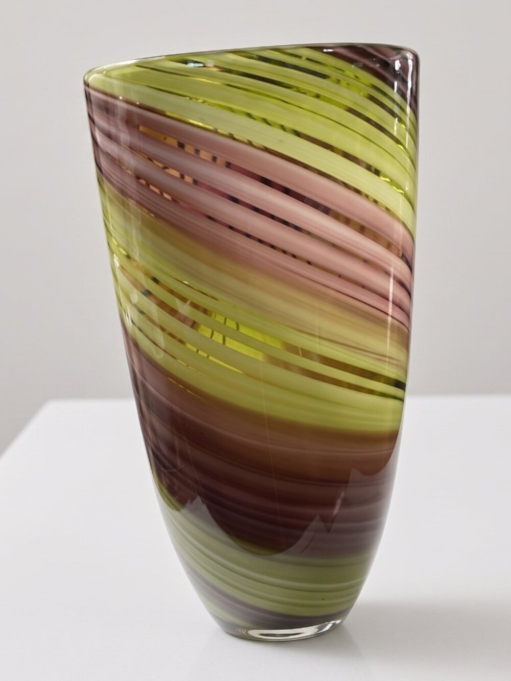 VTG Art Glass Swirl Vase Green Plum Olive Hand Blown 10.5" MCM Oval Mouth
